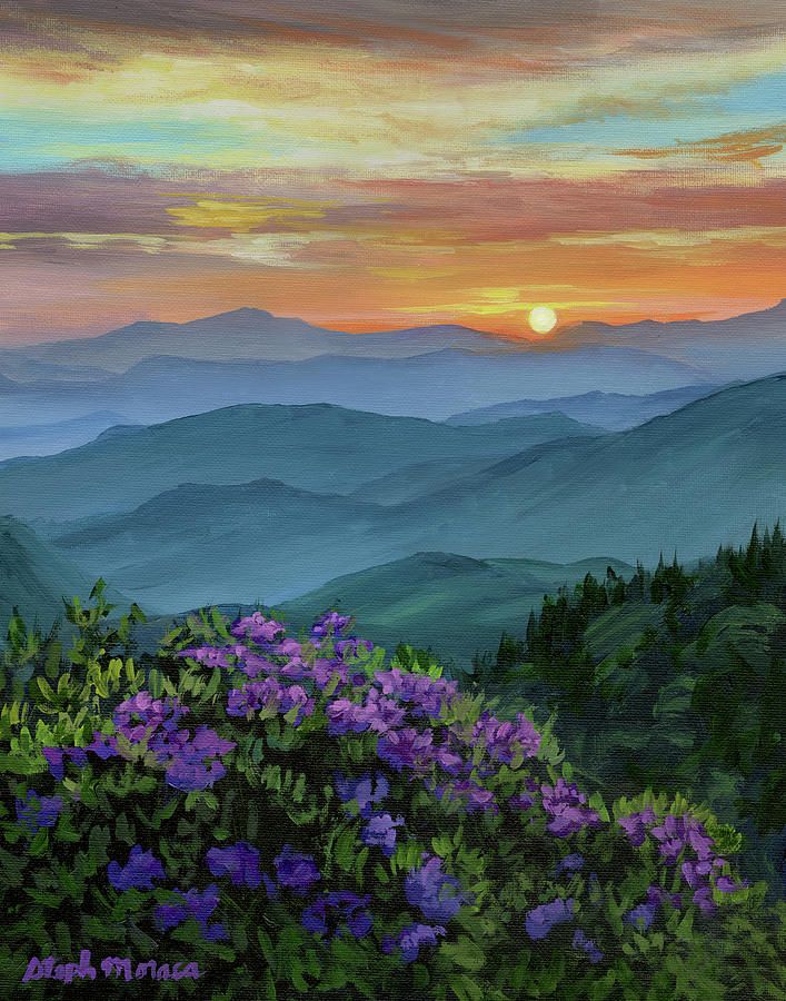 a painting of mountains with purple flowers in the foreground and a sunset behind them