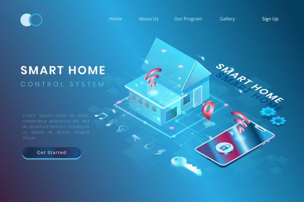 smart home control system landing page with house and icons on blue background, 3d illustration