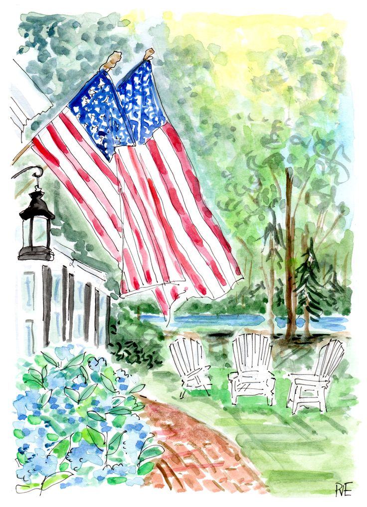 an american flag flying in front of a house with lawn chairs and blue hydrant