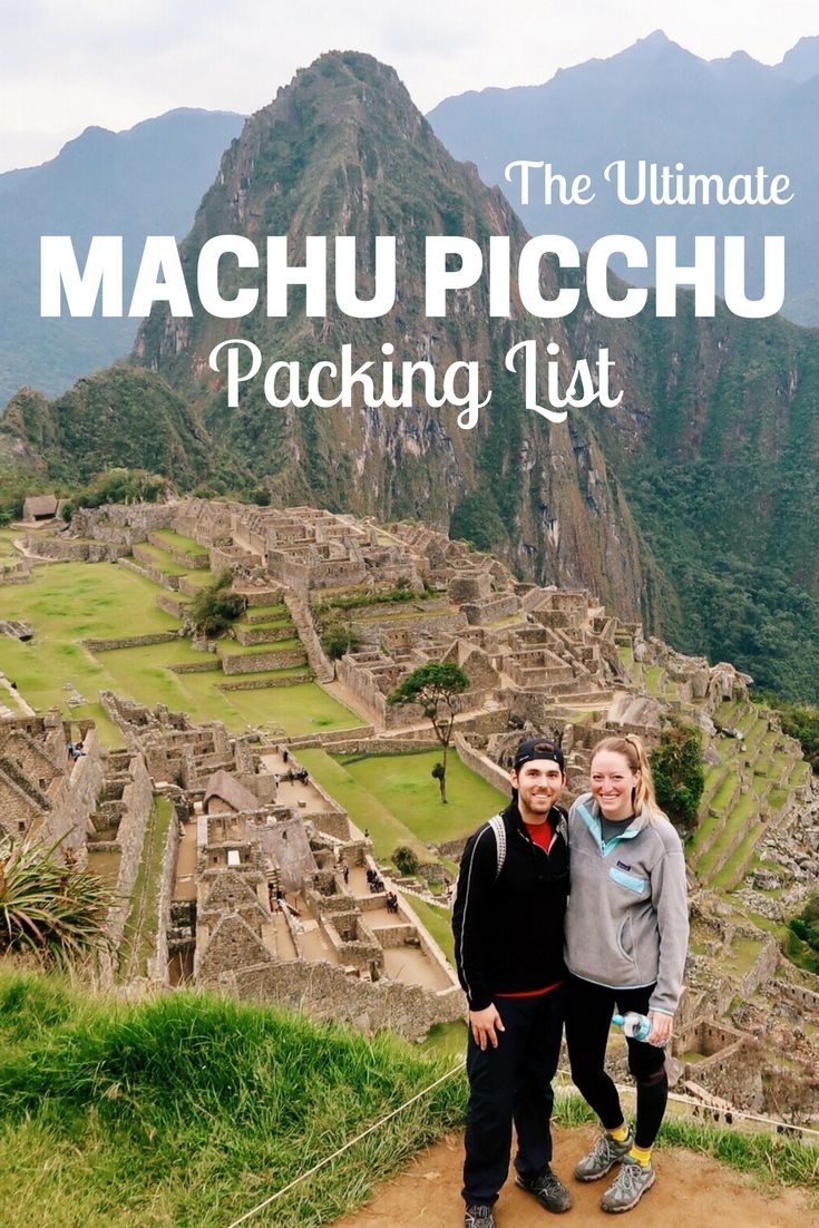 two people standing in front of the machu picchu ruins with text overlay