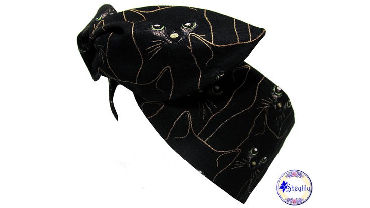 Black Cat Headband with Twist Wire, Halloween Head Wrap for Adult Women, Rockabilly Head Scarf, Wired Turban, READY TO SHIP, by Sheylily Wired Headband, Cat Headband, Sea Turtle Print, Head Wraps For Women, Black Cat Print, Wire Headband, Halloween Headband, Scarf Handmade, Headband For Women