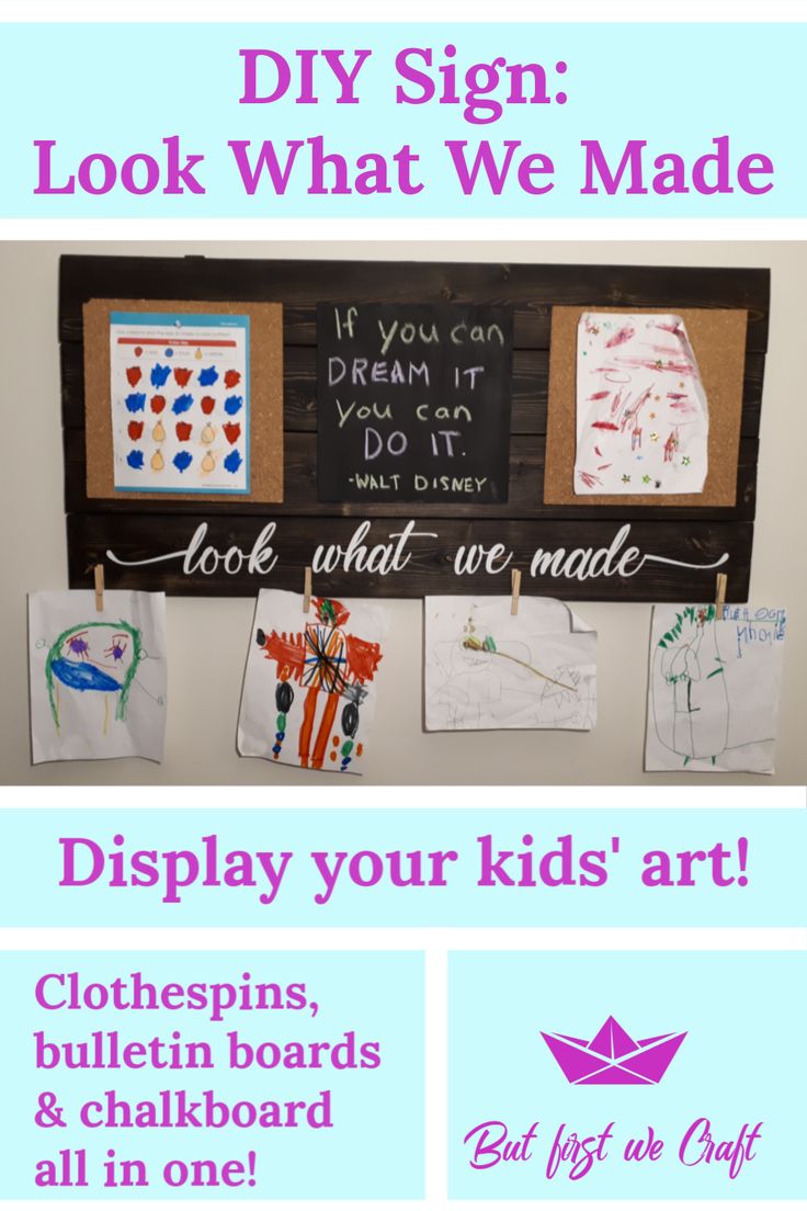 a bulletin board with some pictures on it and the words, diy sign look what we made display your kids'art