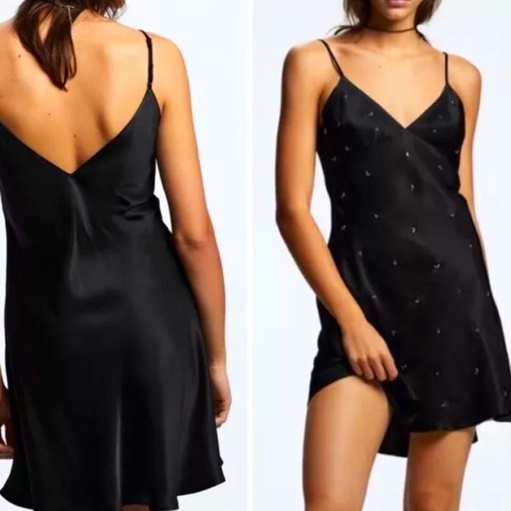 A Very Pretty Zara Satin Slip Dress With Embellishments. Never Worn And New With Tag Dress With Embellishments, Grain Texture, Satin Slip, Satin Slip Dress, Zara Black, Leather Fabric, Zara Dresses, Embellishments, Slip Dress