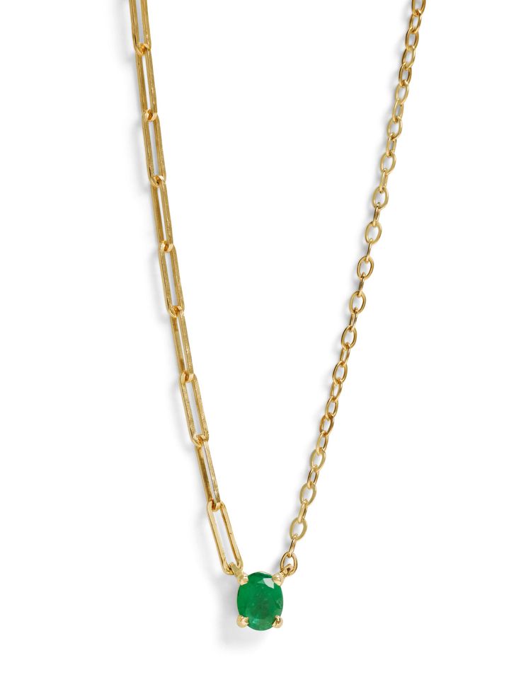 This mixed chain emerald necklace from Yvonne Leon is the perfect update to a classic piece. One sparking emerald is suspended from two 18 karat yellow gold mixed chains. Handcrafted in 18k Yellow Gold. Detailed in emerald, .32 carats. Necklace measures 16.5" long. Finished with a spring ring clasp. Luxury Yellow Gold Emerald Necklace For Engagement, Luxury Hand-set Yellow Gold Emerald Necklace, Luxury Yellow Gold Emerald Necklace With Rectangular Pendant, Yellow Gold Emerald Pendant Necklace, Emerald Pendant Necklace With Adjustable Chain For May Birthstone, May Birthstone Emerald Pendant Necklace With Adjustable Chain, Green Emerald Necklace With Adjustable Chain, Emerald Necklace With Delicate Yellow Gold Chain, Yellow Gold Emerald Necklace With Delicate Chain