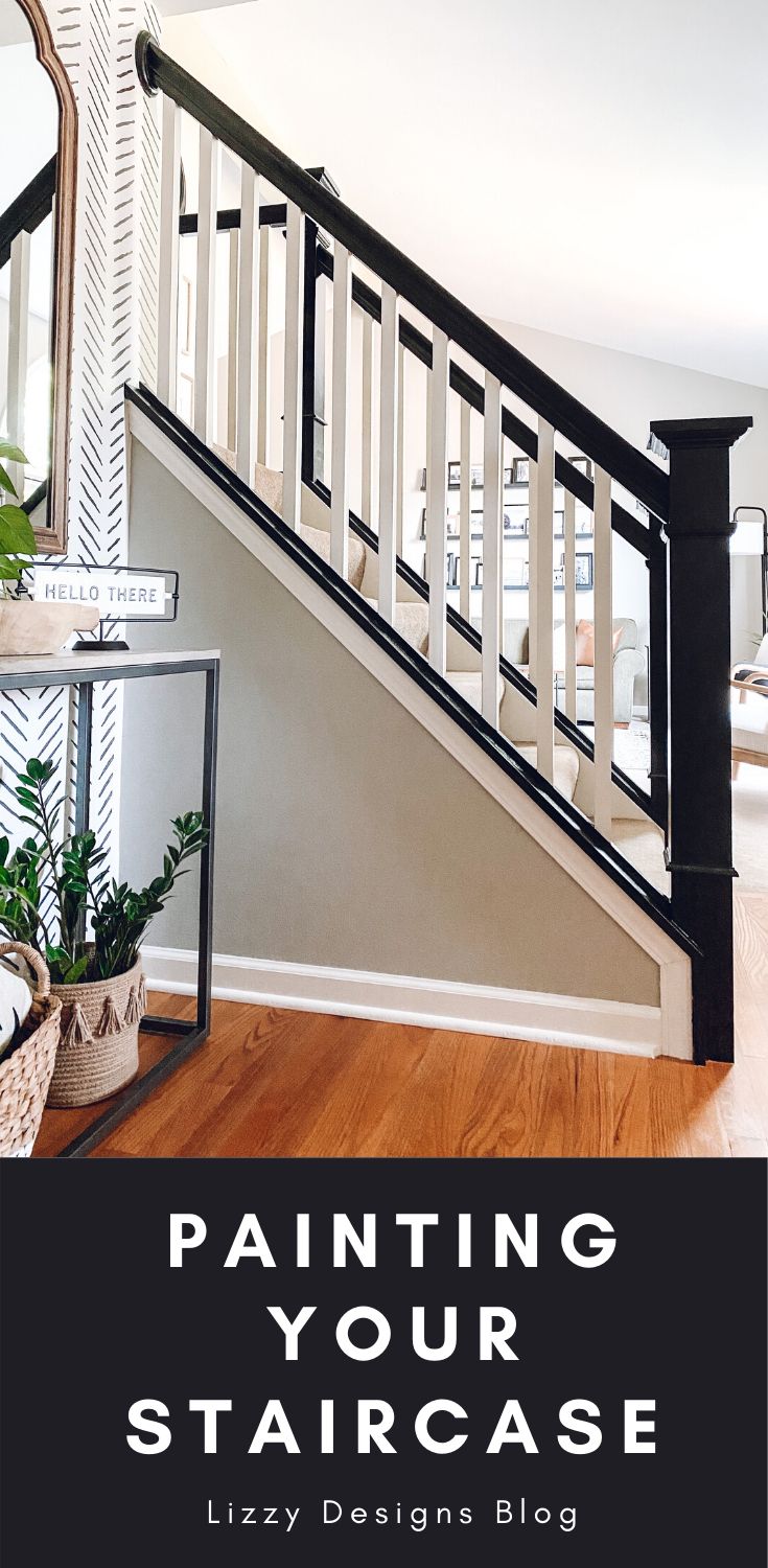 a staircase with the words painting your staircase in black and white overlaying it