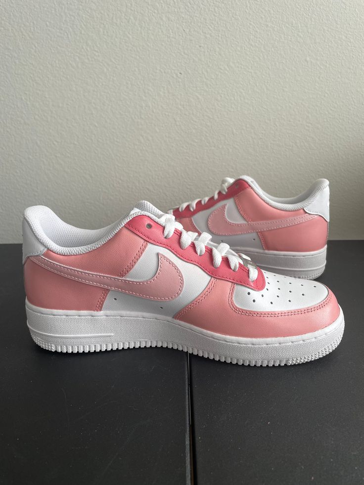 Custom Nike Air Force 1's. These custom shoes are carefully handmade using Angelus Brand Acrylic Leather Paints, preparers, and finishers. All products are completed using a matte finish, and come in the original packaging (see last picture). Pricing: The price includes the cost of the shoe, materials (paint, brushes, finishers, etc.), and the time it takes to paint the shoe. Sizing:  Choose the size that fits you! If your size is not listed, please contact me and I can try to get it for you! Ho Pink Leather Low-top Nike Air Force 1, Pink Leather Nike Air Force 1 Sneakers, Custom Pink Leather Sneakers, Pink Leather Custom Sneakers, Pink Custom Sneakers With Rubber Sole, Custom Pink Synthetic Sneakers With Rubber Sole, Pink Synthetic Custom Sneakers With Rubber Sole, Custom Pink Low-top Sneakers, Custom Nike Air Force