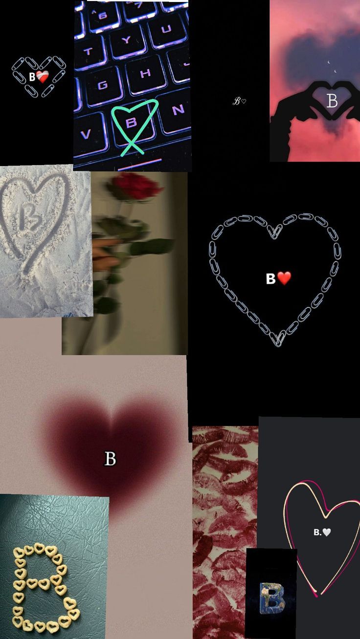 a collage of different images with the letter b in it's center and heart on top