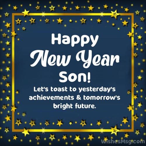 a happy new year card with stars and the words, let's toast to today's achievement and tomorrow's bright future