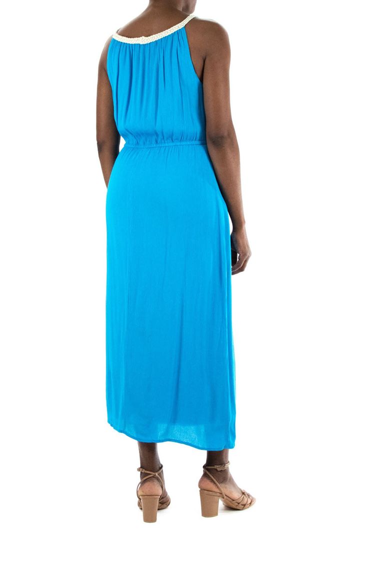 This vacation-ready maxi dress features a gold-tone braided cord neckline and comfortable elasticized waist for flattering feminine style. . Scoop neck with braided trim. Sleeveless. Slips on over head. Elasticized waist. Woven construction. Fully lined. Approx. 58" length (size S). Imported Machine wash cold Shell: 100% rayon Lining: 100% polyester Summer Blue Maxi Dress With Elastic Neckline, Sleeveless Maxi Sundress With Elastic Waistband, Blue Maxi Dress With Elastic Neckline, Casual Sleeveless Maxi Dress With Elastic Waistband, Sleeveless Beach Maxi Dress With Elastic Waistband, Sleeveless Maxi Dress With Elastic Waistband For Beach, Blue Sleeveless Dress With Gathered Waist, Blue Maxi Dress With Elastic Waistband, Vacation Sundress With Elastic Waistband