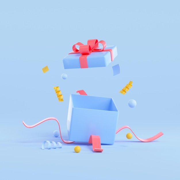 a blue box with a red ribbon and some confetti