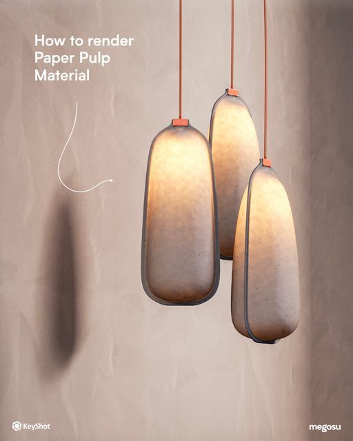 three lamps hanging from the ceiling with text overlay that reads how to render paper pulp material