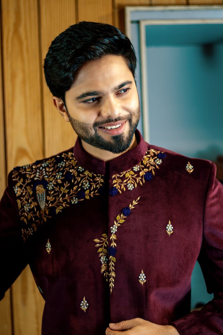 Fabric - velvet Colour - wine ( maroon ) Work - khat work Jodhpuri Suits For Men Latest, Groom Collection, Jodhpuri Suits For Men, Velvet Kurta, Embroidery Kurta, Groom Sherwani, Wedding Kurta, Wedding Kurta For Men, Prince Coat