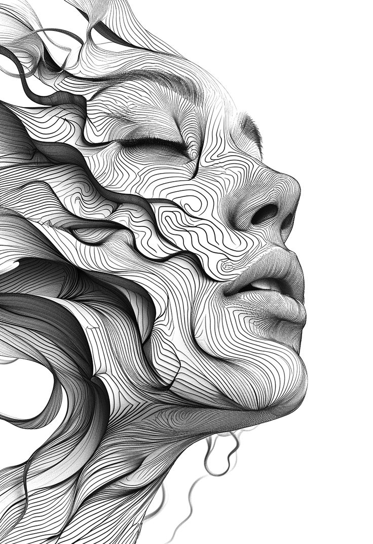 a drawing of a woman's face with wavy hair and flowing lines on it