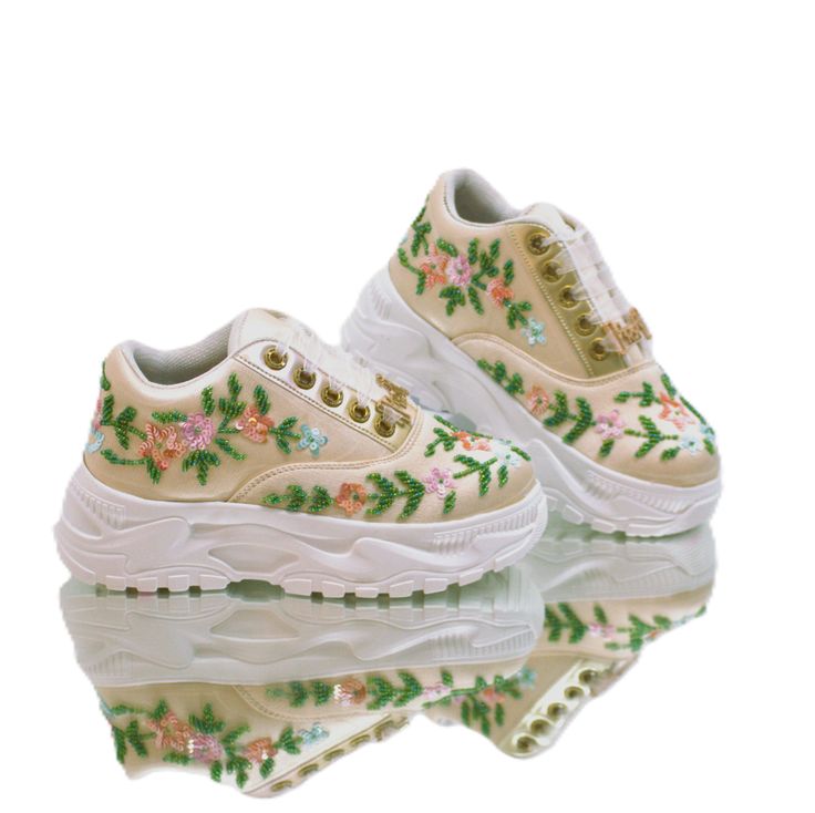 The Ariana Luxury Buttermilk Satin Hand Embellished Trainers - RETTROSE This Ariana Luxury Buttermilk Satin Hand Embellished Trainers features a heavy suede hand embellished upper featuring a variety of luxury dazzling beads.  Sole height: 4cm Material: Satin Style number: RR1056 Satin Style, Satin Hands, Life's Too Short, Uk Brands, Sneakers Athletic, Too Short, Handmade Shoes, Shoes Trainers, Buttermilk