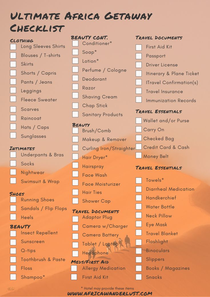 the ultimate africa getaway checklist is shown in orange and white, with an image of