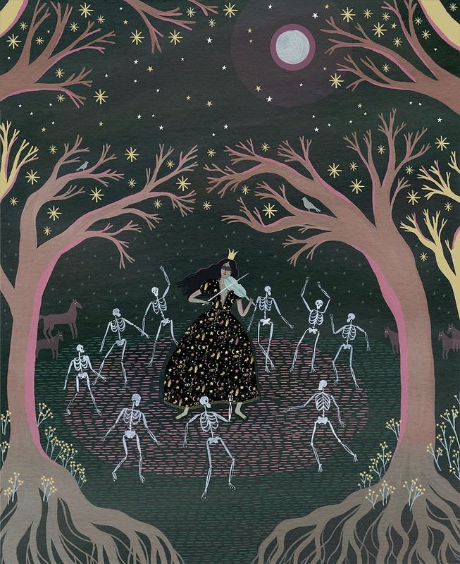 a painting of skeletons dancing in the woods at night with stars and moon above them