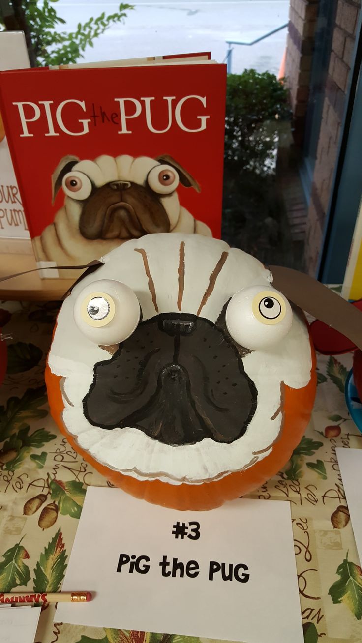 a pug cake with googly eyes on it's face next to some books