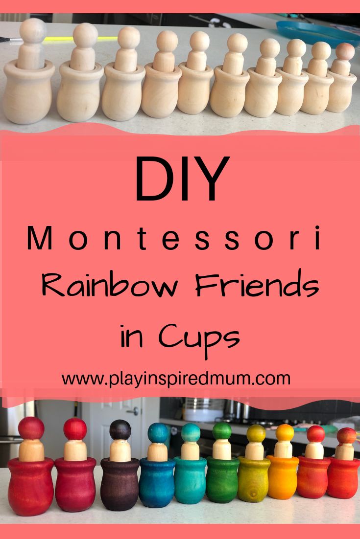 the words diy montessori rainbow friends in cups on top of an image of wooden