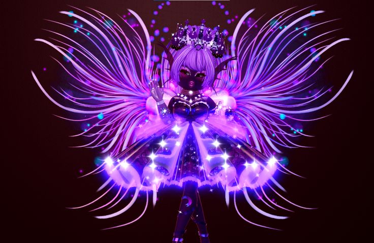 a woman dressed as a fairy with wings on her head and purple hair is standing in front of a black background