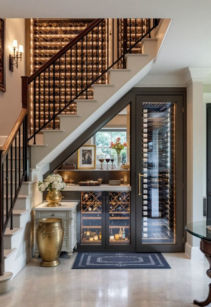 Staircase Storage Under Stairs Under Stairs Wine Cellar Modern, Wine Cellar In House, Bar In Staircase, Wine Display Under Stairs, Wine Cupboard Under Stairs, Under Stairs Wine Fridge, Understair Wine Store, Under The Stair Wine Cellar, Wine Room Under Staircase