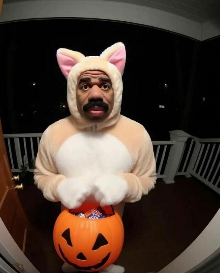 a man dressed as a cat holding a pumpkin