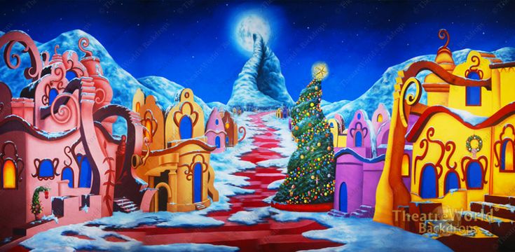 a painting of a christmas tree in the middle of a snowy town