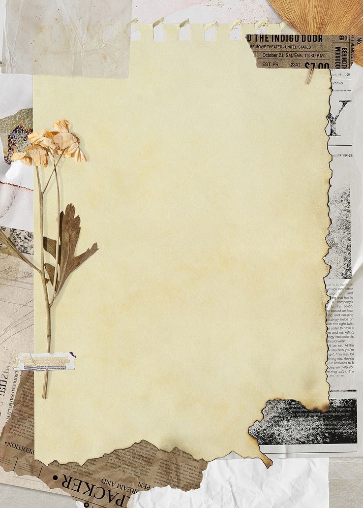 an old piece of paper with torn papers and dried flowers on the bottom left corner