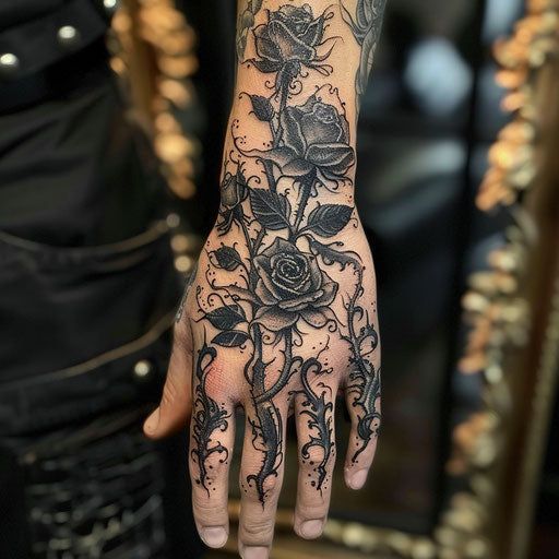 Rose Hand Tattoo Tattoo Master Files Ocean Themed Hand Tattoos, Black Rose Hand Tattoo, Rose Hand Tattoo Men, Hand Tattoos Stencils, Creative Hand Tattoos, Full Hand Tattoos For Women Unique, Rose On Hand Tattoo, Full Hand Tattoo, Rose Hand Tattoo