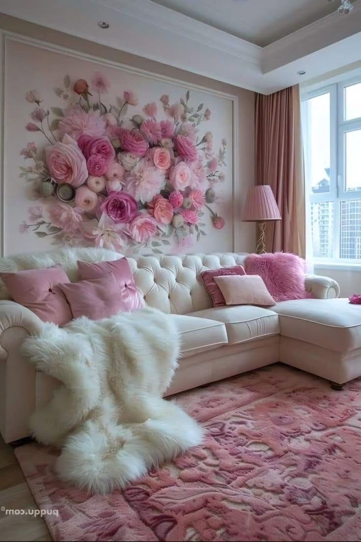 a living room decorated in pink and white with flowers on the wall above the couch