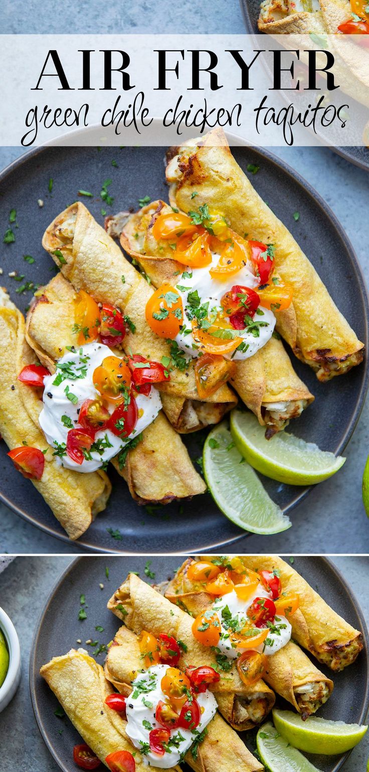 two plates with different types of food on them and the words air fryer written below