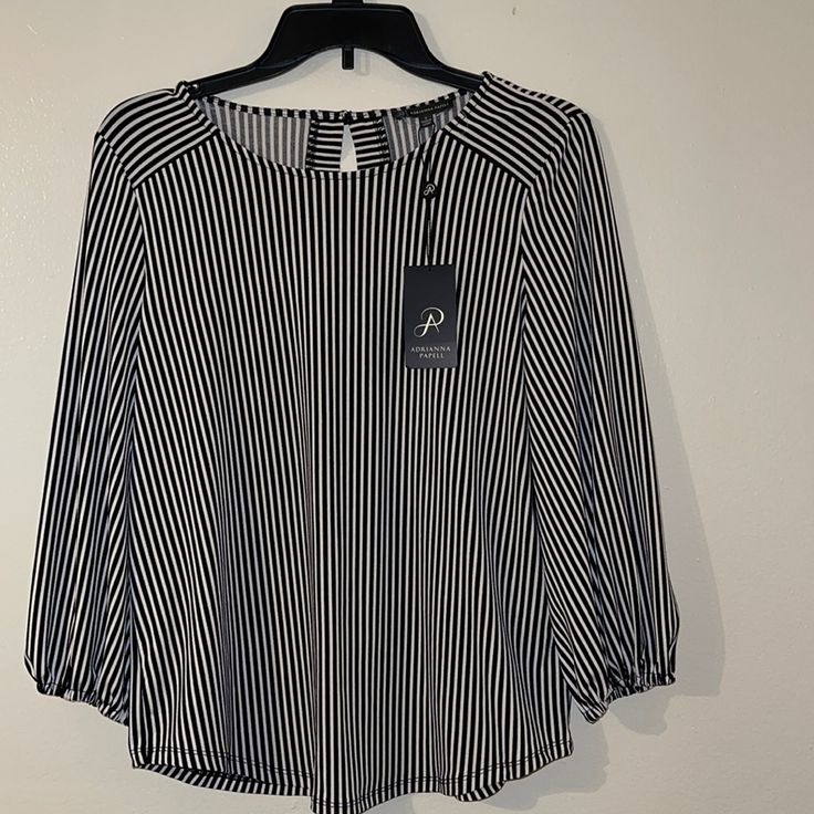 Beautiful Striped Top From Adrianna Paperless, Size S, Brand New With Tag,Original Price$69 Black And White Tops For Work In Spring, Black And White Tops For Workwear In Spring, Black And White Tops For Spring Workwear, Spring Workwear Black And White Tops, Ruffle Top Blouses, Long Sleeve Striped Top, Black And White Blouse, Round Neck Tops, Adrianna Papell