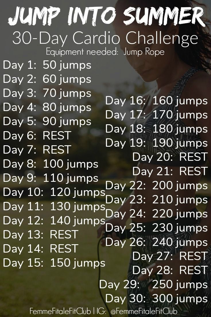 a poster with the words jump into summer 30 - day cardio challenge