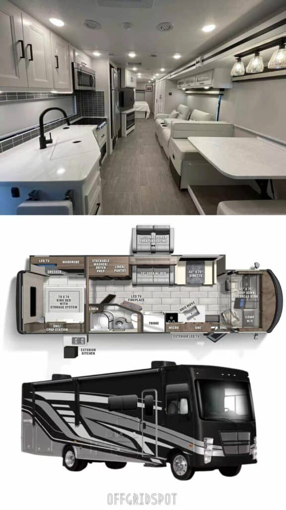 the interior and side view of an rv