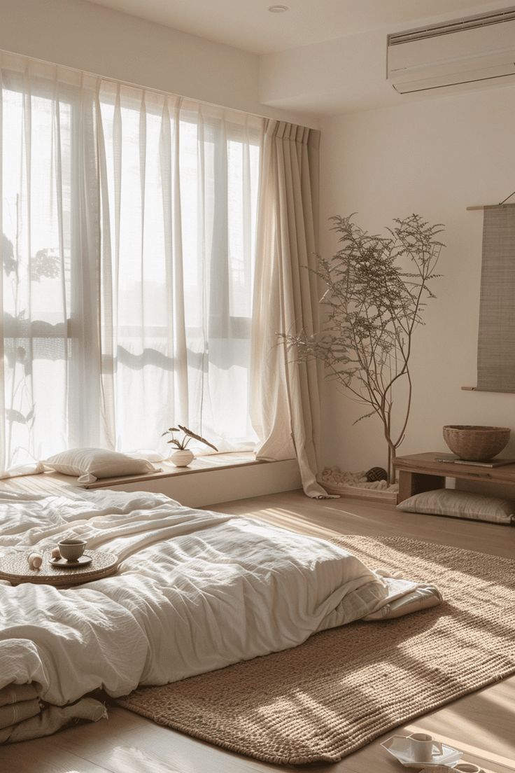 a bed sitting in the middle of a bedroom next to a window with sheer curtains