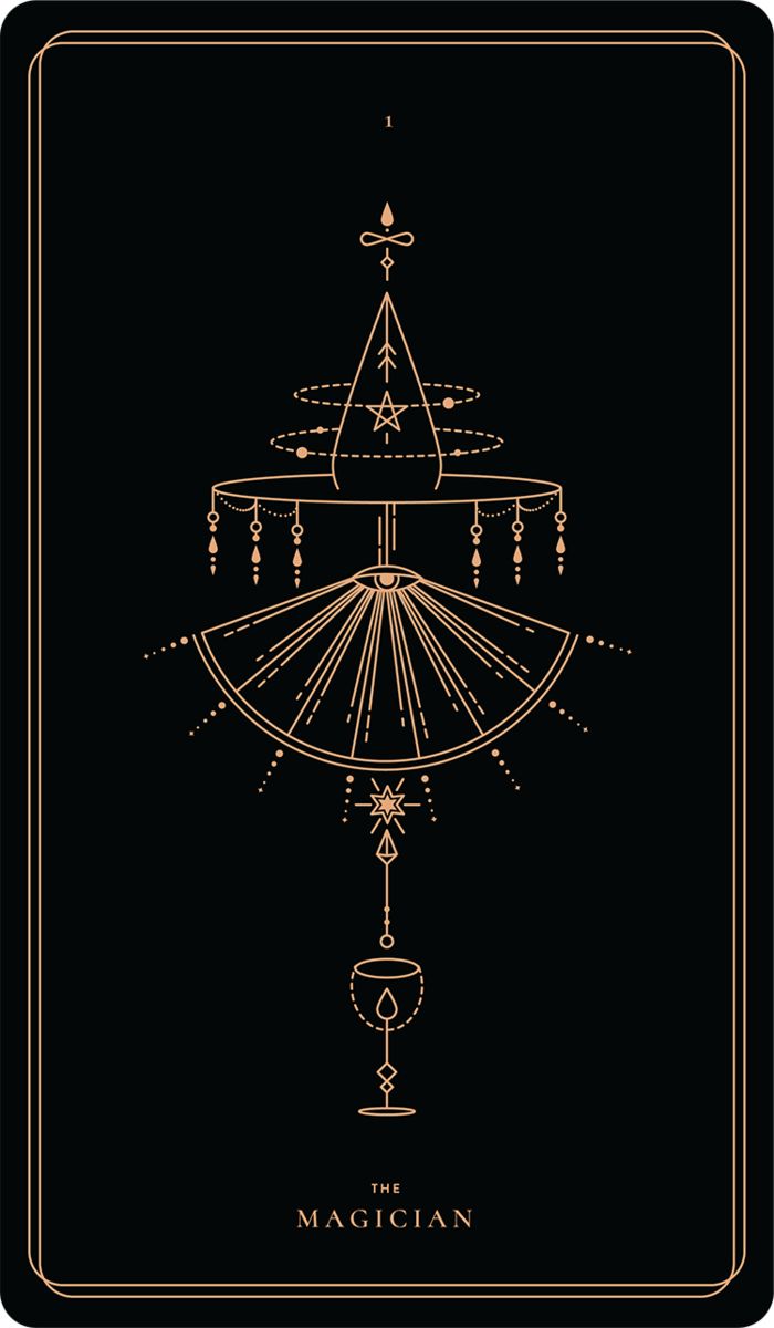 the magician tarot card in gold and black with an image of a fountain on it