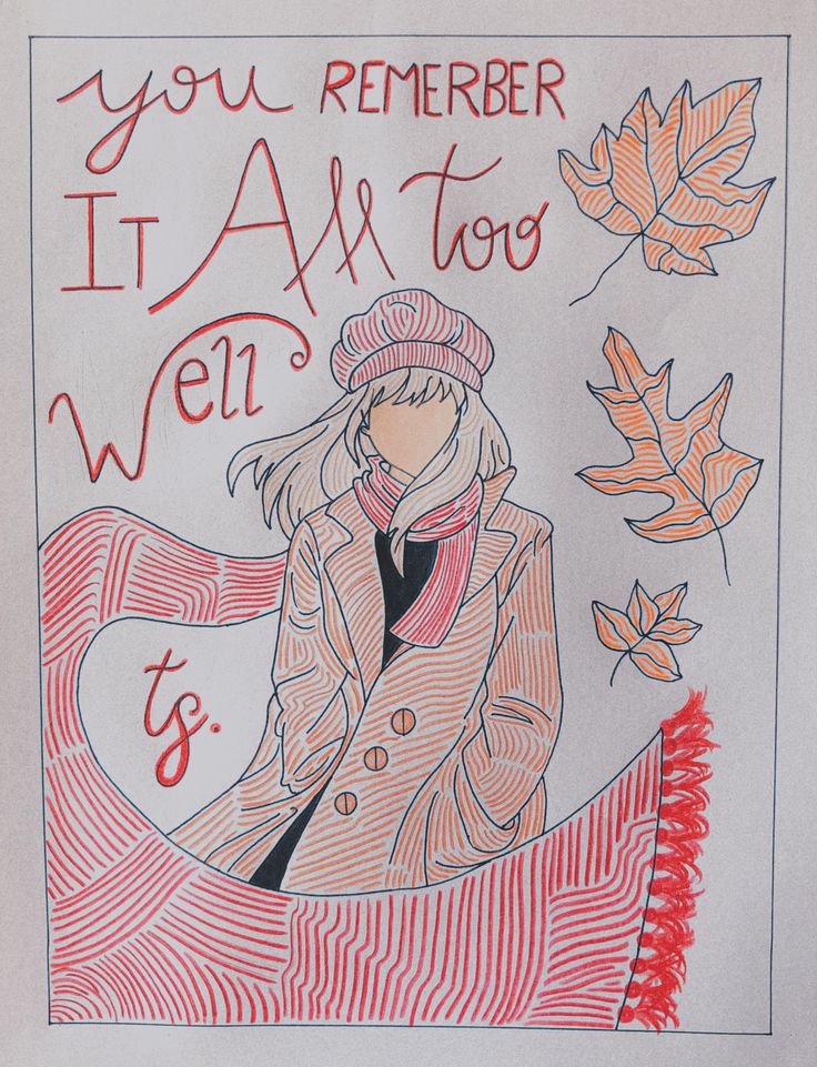 a drawing of a woman in a hat and coat with leaves on the ground next to her