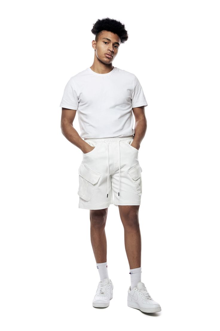 Details Fit: Lounge Color: White 75% Cotton / 23% Polyester / 2% Span Style: KS23155 White Relaxed Fit Shorts With Side Pockets, White Relaxed Fit Cargo Shorts, Stretch Casual Cargo Shorts, Casual White Cargo Shorts For Summer, White Cargo Shorts For Spring, White Cargo Shorts With Side Pockets For Spring, White Stretch Shorts With Pockets, Spring White Cargo Shorts, Casual White Cargo Shorts