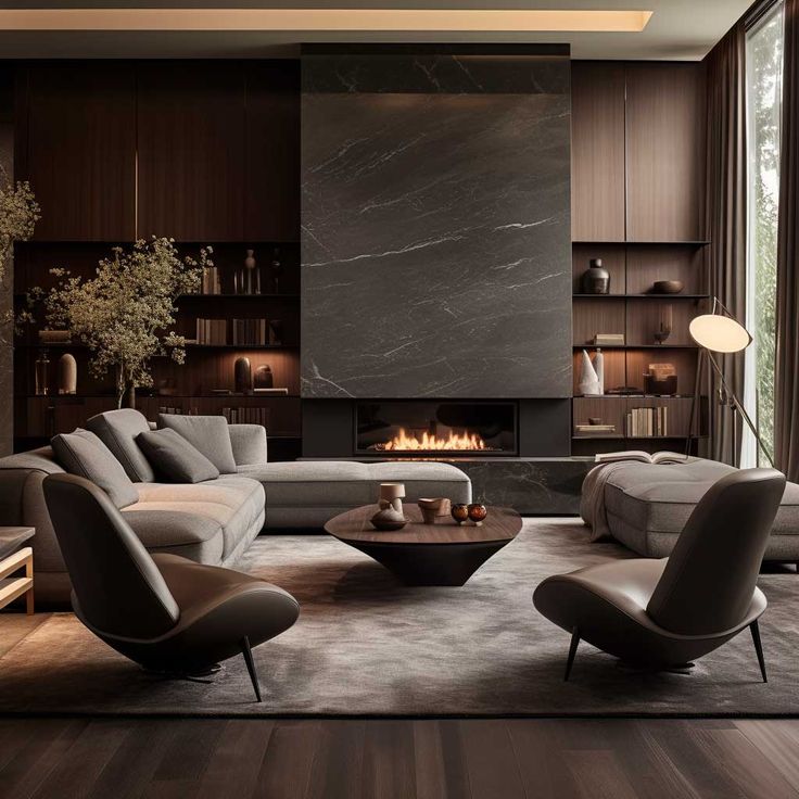 a modern living room with wood flooring and gray couches in front of a fireplace