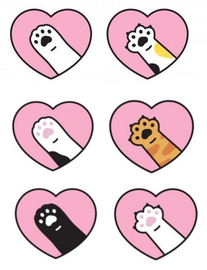 four heart shaped stickers with different types of animals and cats on them, all in pink