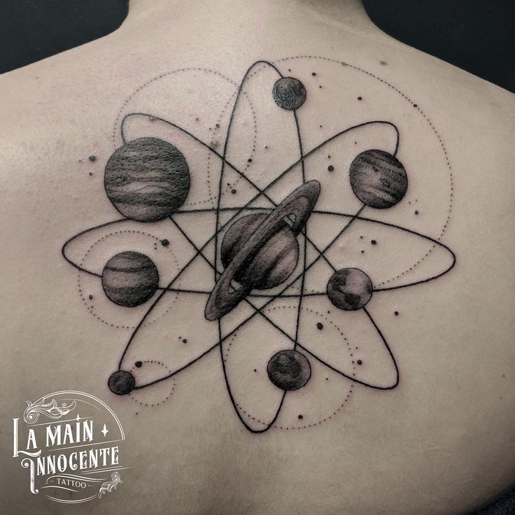 the back of a man's shoulder with planets and stars on it