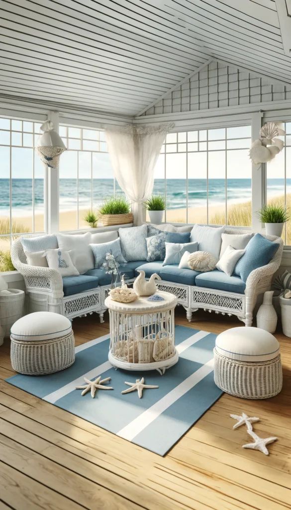 a living room filled with lots of furniture on top of a wooden floor next to the ocean