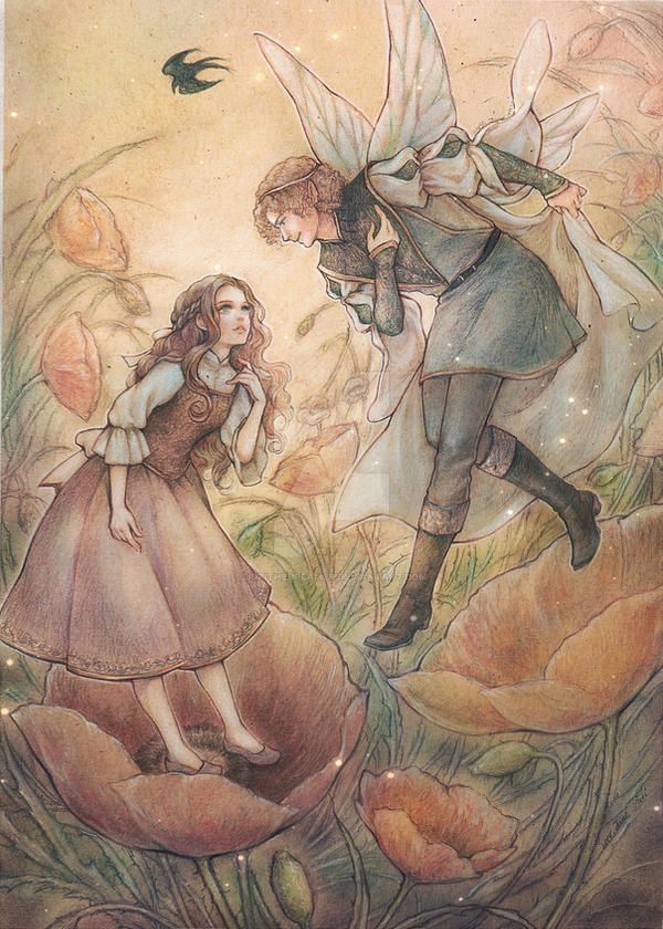 an illustration of two children playing with each other in front of flowers and leaves, one girl is looking at the fairy's wings