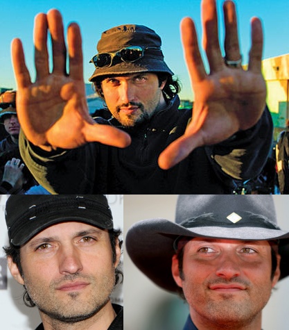 four different pictures of men wearing hats and holding their hands up