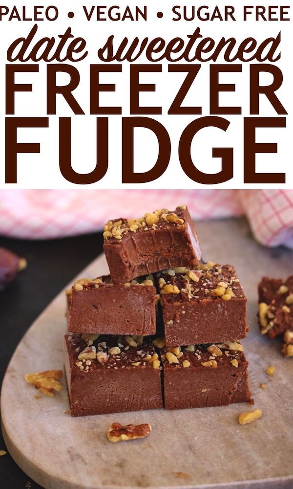 chocolate fudge squares stacked on top of each other with nuts in the middle and text overlay that reads pale, vegan, sugar free date - sweetened freezer fudge