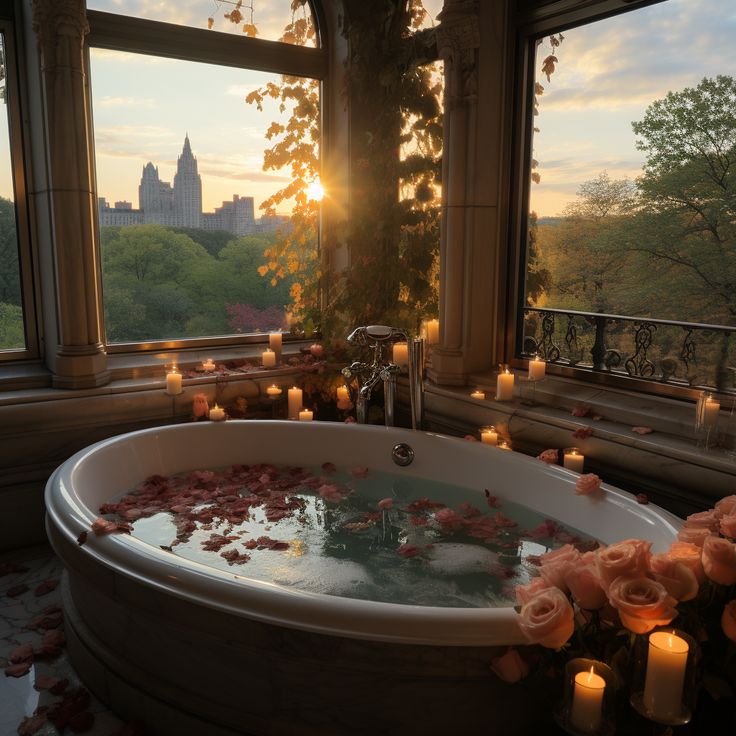 a bathtub filled with water surrounded by candles and flowers in front of a window