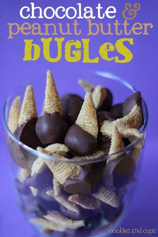 chocolate and peanut butter nugges in a glass bowl with the title overlay