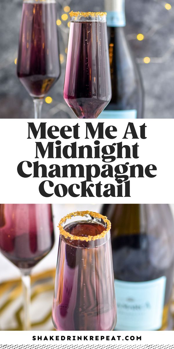 two glasses filled with red wine next to each other and the words meet me at midnight champagne cocktail