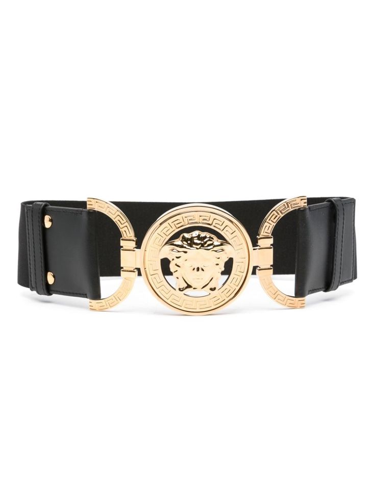 black leather trim elasticated band Medusa Head motif signature Greca detailing gold-tone hardware clasp and magnetic fastening This piece comes complete with a protective dust bag. Elegant Black Belt Buckles With Metal Logo, Luxury Black Belt Buckle With Gold-tone Logo Plaque, Luxury Black Belt Buckles With Gold-tone Hardware, Designer Black Belt With Gold-tone Logo Plaque, Modern Black Belt With Gold-tone Logo Plaque, Designer Black Belts With Gold-tone Logo Plaque, Luxury Black Belt Buckles With Logo Plaque, Black Leather Belt Buckles With Gold-tone Hardware, Elegant Black Belt Buckle With Gold-tone Logo