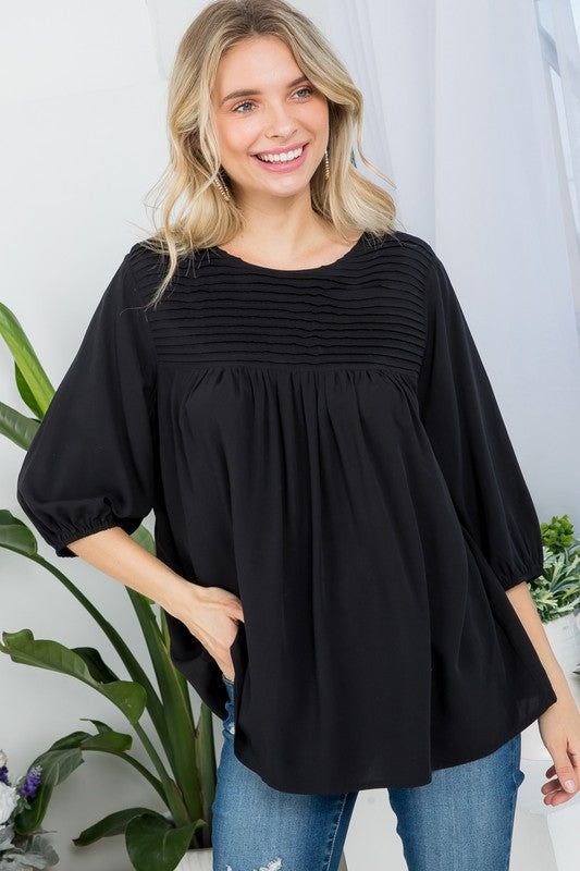 SOLID WOVEN PINTUCK DETAIL TUNIC BLOUSES TOP- Solid pintuck tunic blouses- Round neck tie back- 3/4 sleeve peasant top- Loose fit- Woven solid - Model is 5' 8" 34-24-34 and wearing a Small- 100% RAYON- MADE IN CHINA Style: Casual Print / Pattern: SOLID Fit: Loose fit Embellishment: Tie back Neck Line: Round neck Sleeve: 3/4 sleeve Lining: No Made In: ChinaFabric Contents: 100% RayonSheer fabricCare Instructions: Machine wash cold, Do not bleachSize Measurement (inch): S: 36.0-38.0 (Bust), null (Waist), null (Hips), null (Length) M: 38.0-40.0 (Bust), null (Waist), null (Hips), null (Length) L: 40.0-42.0 (Bust), null (Waist), null (Hips), null (Length) Burgundy Outfit, Farm Clothes, Cardigan Crop Top, China Style, Cardigan Crop, Evening Dresses Cocktail, Sleeveless Bodysuit, Peasant Tops, Tunic Blouse