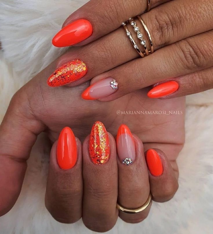 "Nail Confidence: Flaunt Your Personality with Unique Nail Designs 2023 | Beach Nails Art Nail Art Fluo Summer, Orange And Gold Nail Designs, Orange Gold Nails, Orange And Gold Nails, Peach Nail Designs, Nail Art Orange, Beach Nails Art, Summer Nails 2023, 2023 Beach